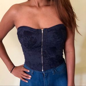 Faux denim front zip tube top